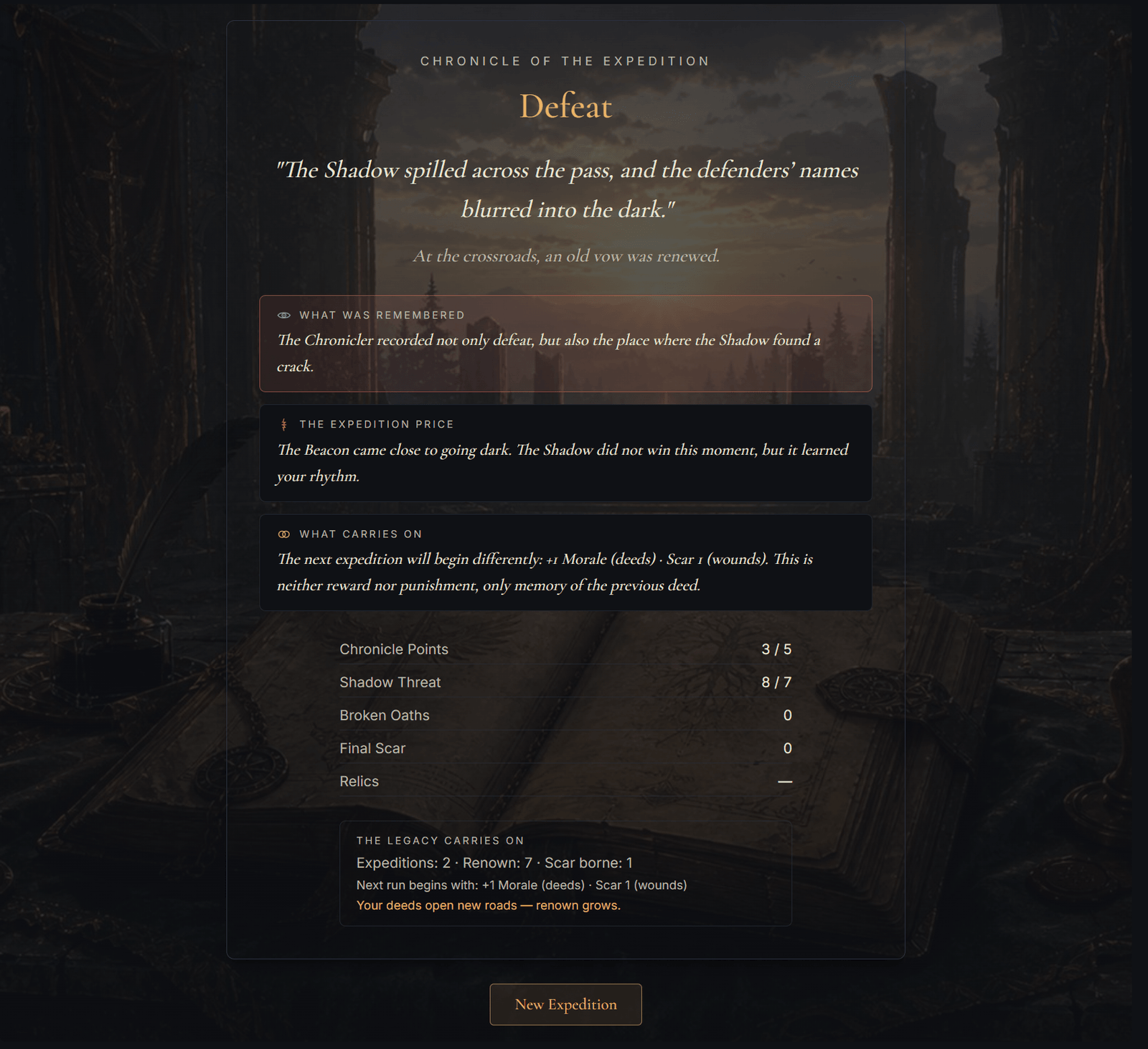 Chronicle screen: the Chronicler's literary entry and the facts of a finished run.