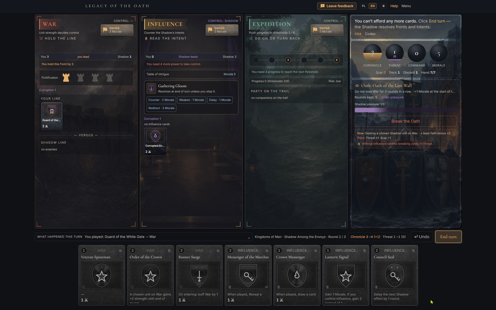 Full battle screen: three fronts at once — War, Influence and Expedition — plus the Chronicle and Threat tracks.