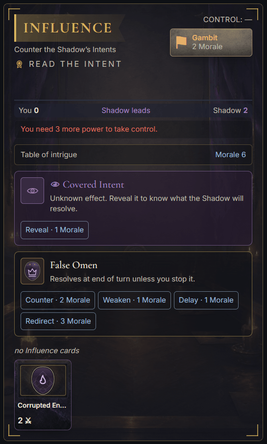 Influence front: a telegraphed Shadow Intent and the reaction menu paid with Morale.